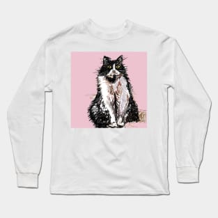 Tuxedo Cat Cute Drawing - on Pink Long Sleeve T-Shirt